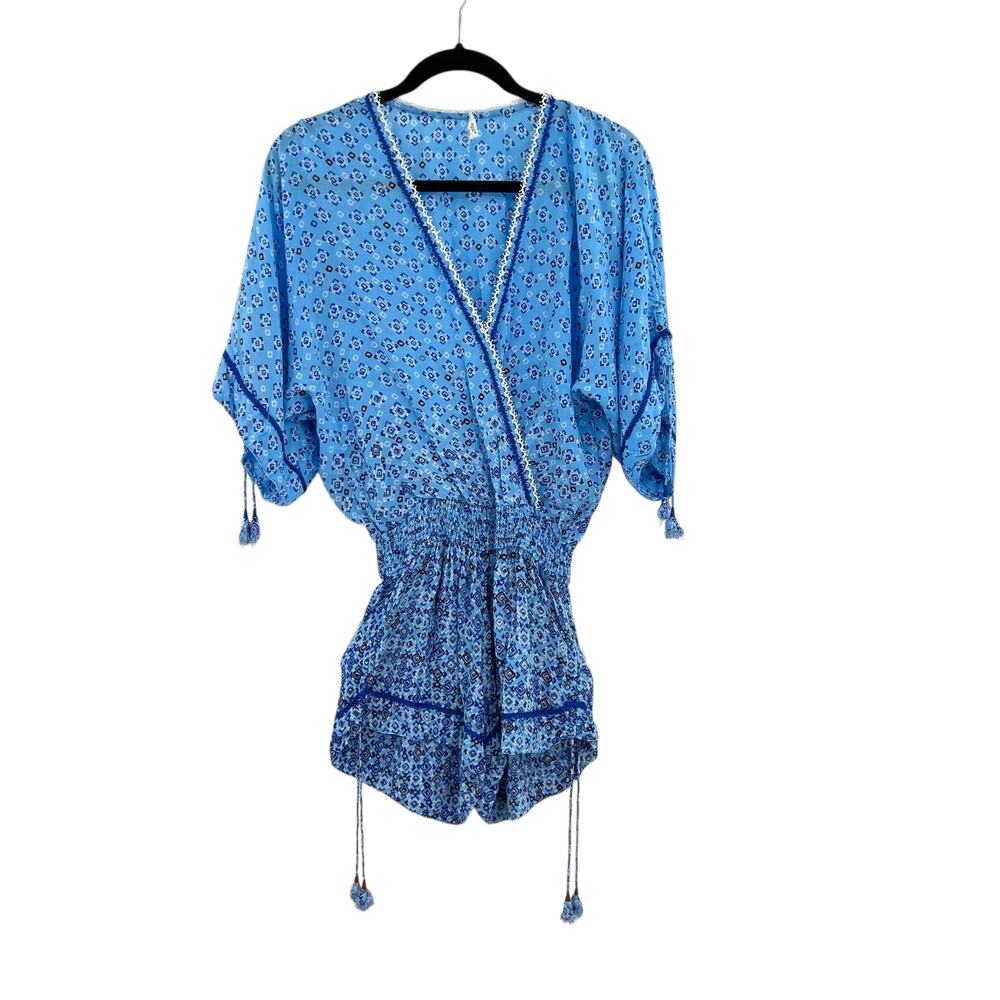 Poupette St Barth Romper Smocked Dolman Sleeve Tasseled‎ Geometric Print Blue XS